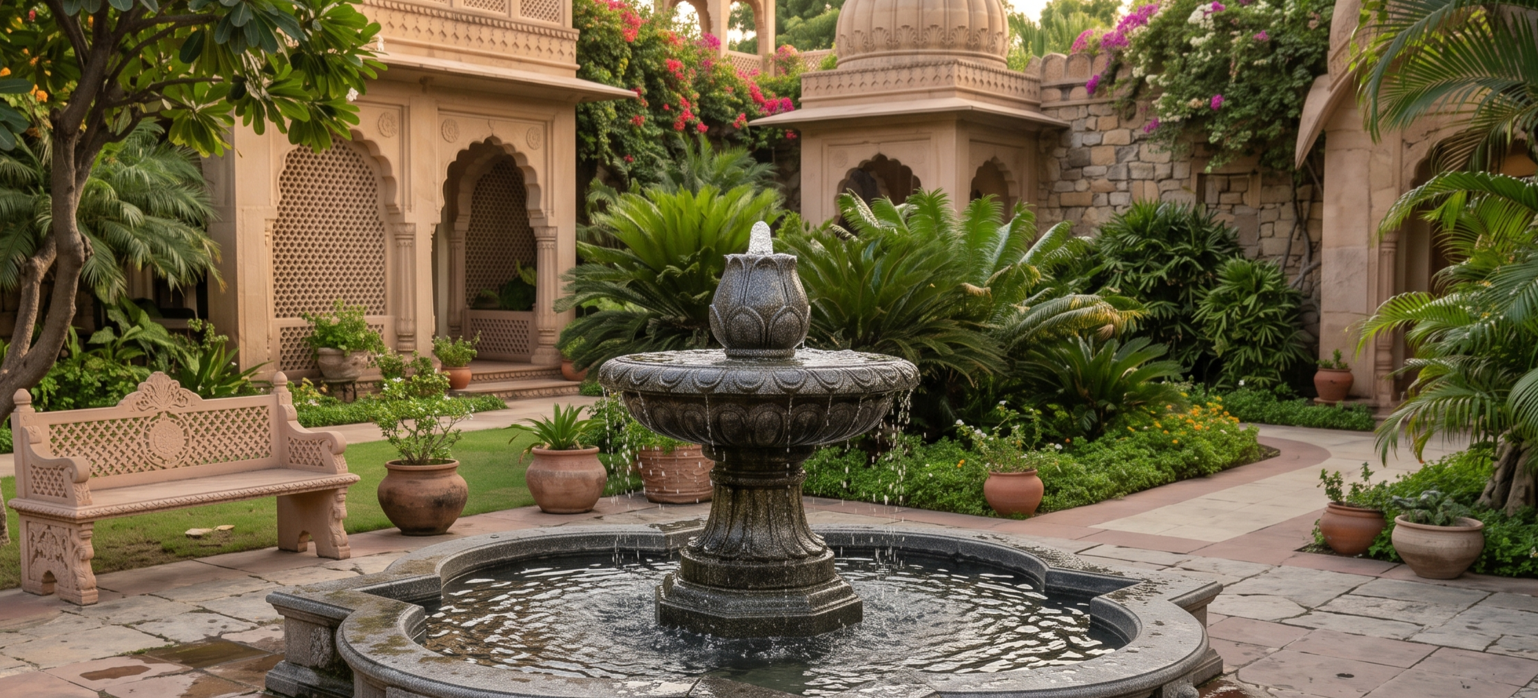 Custom stone water feature in resort courtyard